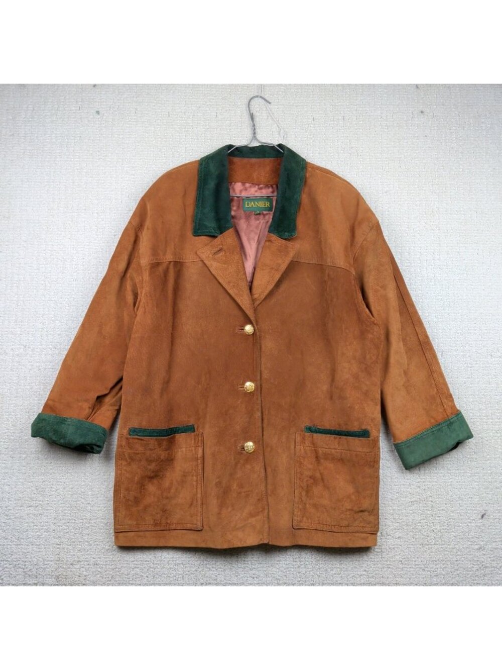Vintage 90s Danier Suede Leather Jacket Brown / Green Barn Coat Equestrian Sz L